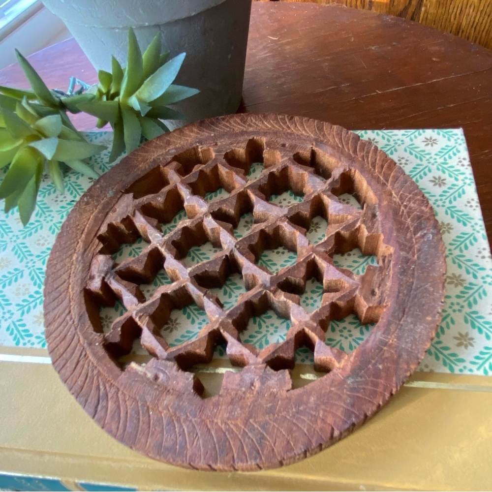 Vintage Rustic Wooden Trivet from India EUC